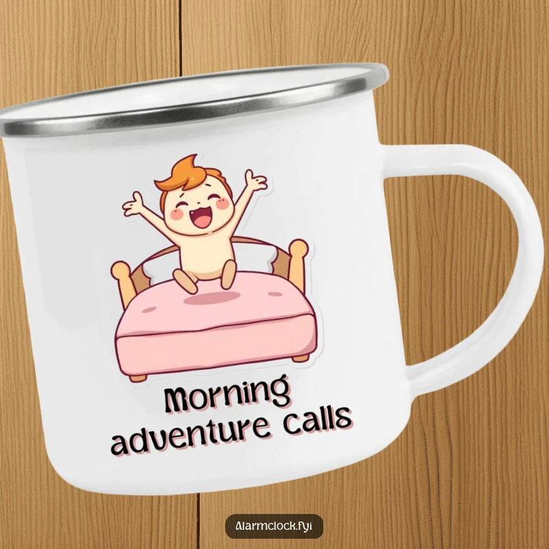 Funny camping mug showing a character energetically jumping from a bed, inspiring a motivated start to any outdoor activity.