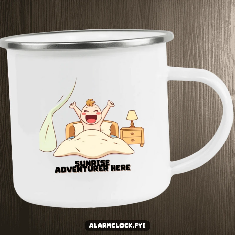 Funny camping mug depicting an excited character energetically jumping out of bed, for humorous outdoor mornings.