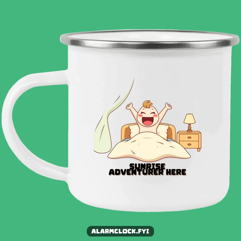 Funny Excited Character Jumping Out of Bed Camping Mug, Outdoor Humorous Gift for Adventurous Mornings