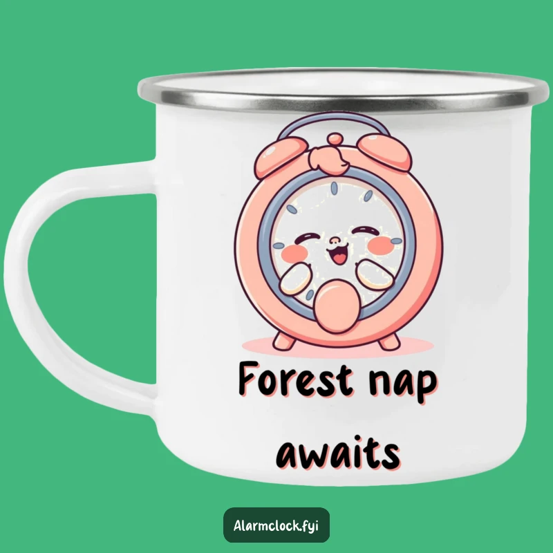 Funny Giggling Character Snooze Button Camping Mug, Outdoor Humorous Gift for Sleepy Campers