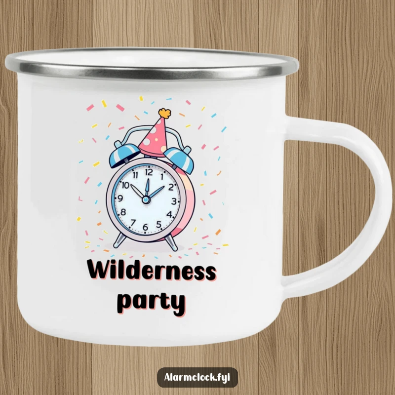 Funny camping mug with a party alarm clock spinning with confetti, perfect for humorous outdoor celebrations.