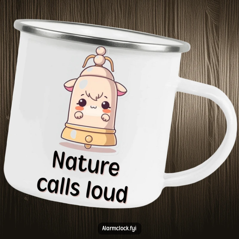 Funny camping mug featuring a curious character peeking from behind a large ringing bell, ideal for outdoor exploration.