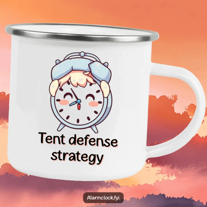 Funny camping mug showing a surprised character holding a pillow over their head as an alarm clock chimes.