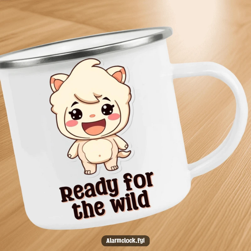 Funny camping mug featuring a grinning character ready for action, symbolizing adventure and excitement. Great funny gift.