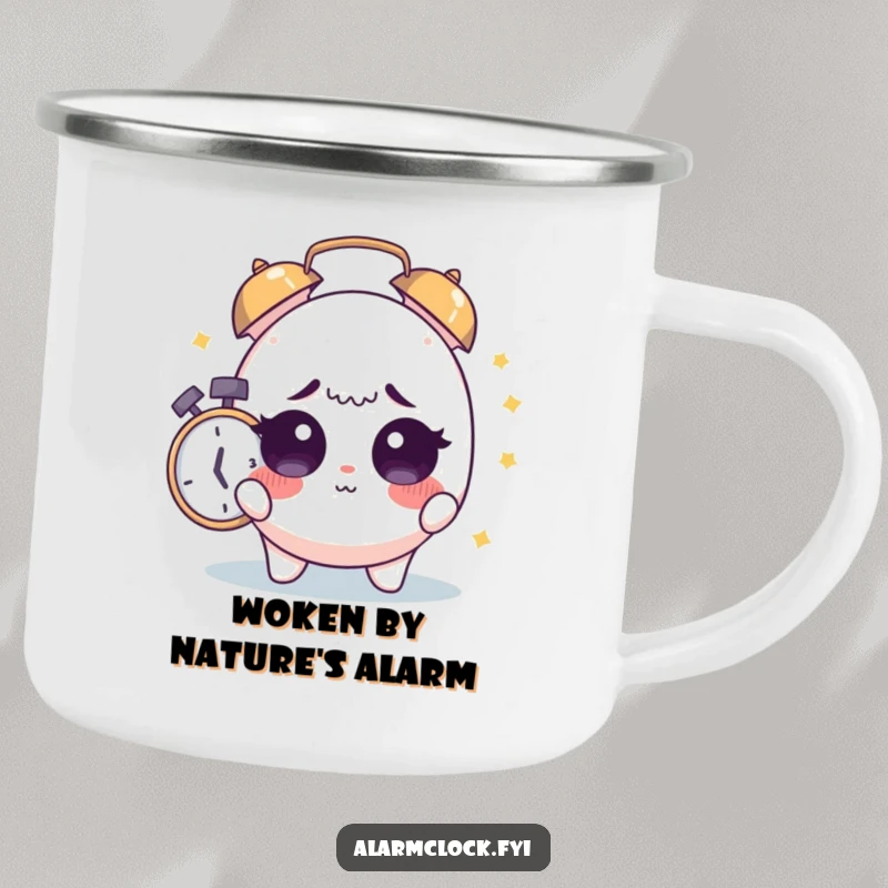 Funny Sleepy Alarm Camping Mug: Cute character startled awake by an alarm, perfect for funny outdoor mornings.