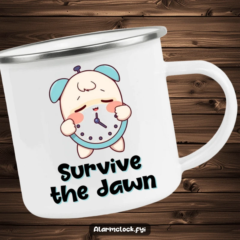Funny camping mug featuring a sleepy character groggily slapping an alarm clock, perfect for outdoor humor and coffee lovers.