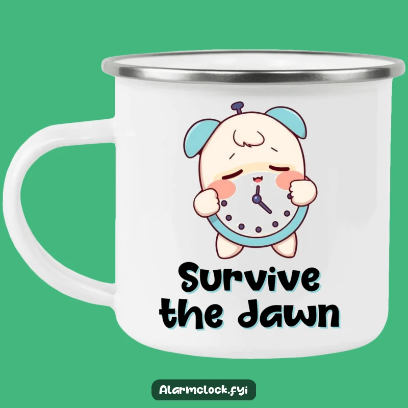 Funny Sleepy Character Camping Mug - Groggily Slapping Alarm Clock Outdoor