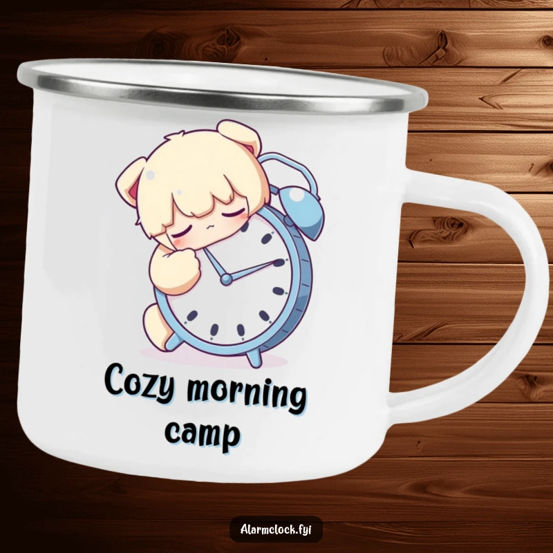 Funny camping mug with a sleeping character hugging an alarm clock tightly, ideal for cozy outdoor mornings.