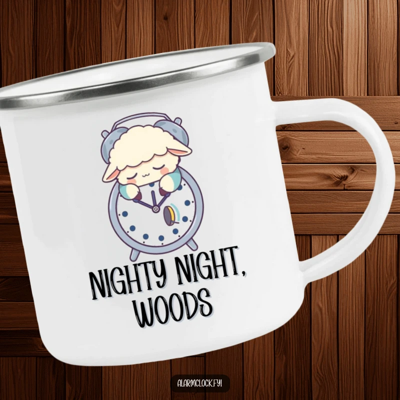 Funny camping mug featuring a sleepy sheep in pajamas snoozing on an alarm clock, a durable and humorous mug for adventurers.