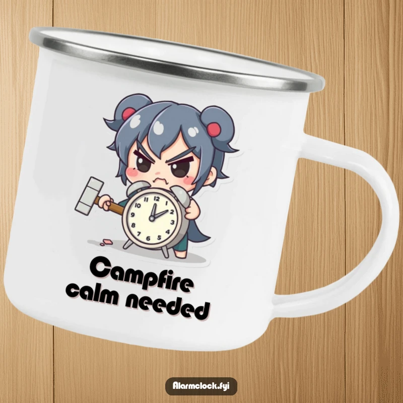 Funny camping mug featuring a determined character smashing a tiny alarm clock with a hammer, designed for humorous outdoor mornings.