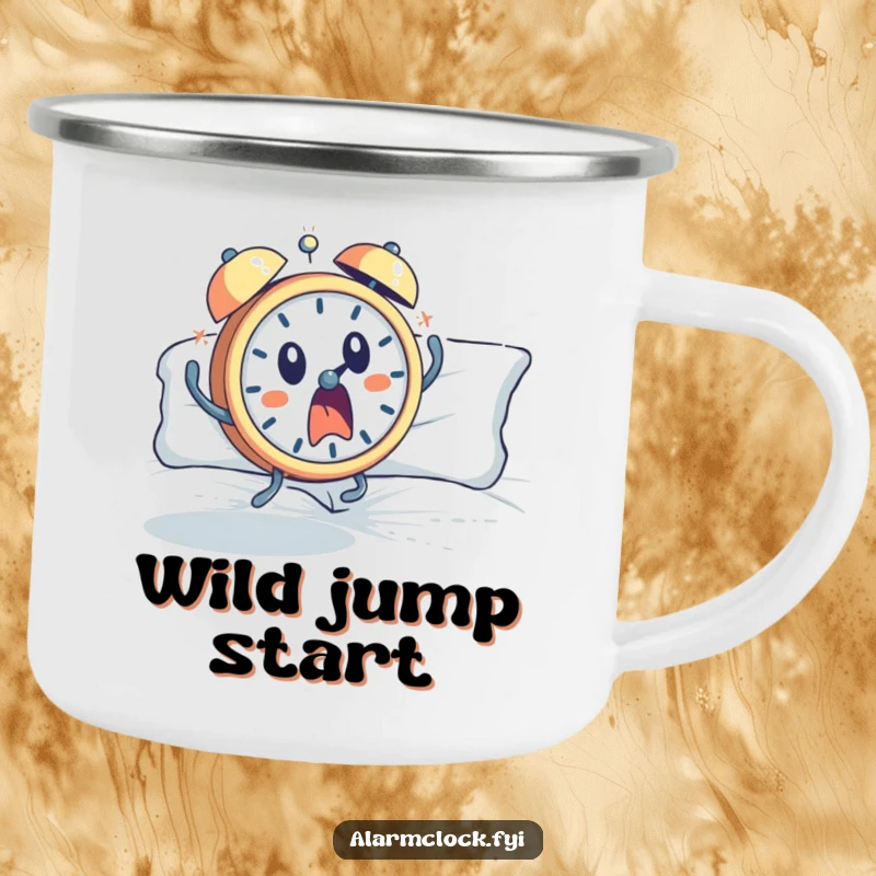 Funny camping mug depicting a startled alarm clock character leaping from bed, ready for surprising outdoor mornings and hot beverages.