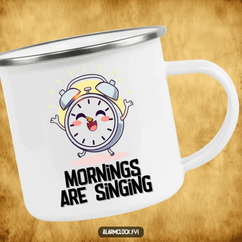 Funny camping mug with a cheerful alarm clock character dancing with joy as the sun rises, ideal for happy outdoor mornings.