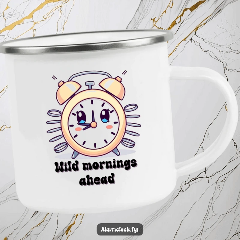 Funny camping mug featuring an alarm clock with erupting springs, wide-eyed in comical surprise, perfect for outdoor drinks.