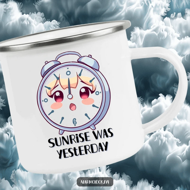 Funny camping mug with a surprised character looking at a spinning clock, perfect for outdoor enthusiasts who appreciate a humorous take on time.