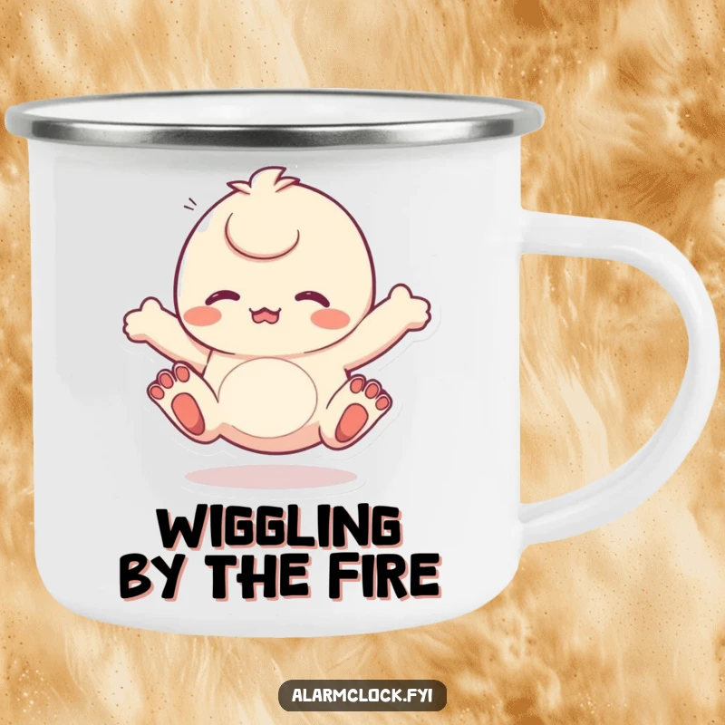 Funny camping mug featuring a character energetically wiggling its toes, symbolizing joy in the outdoors. Great funny gift.