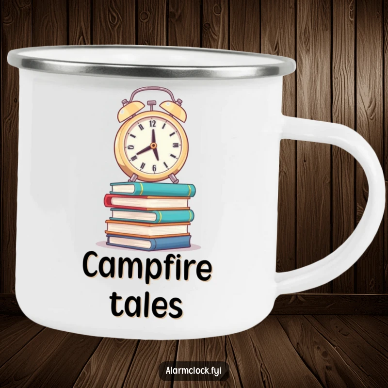 Funny camping mug with a weary alarm clock balancing on wobbly books, perfect for humorous study sessions.
