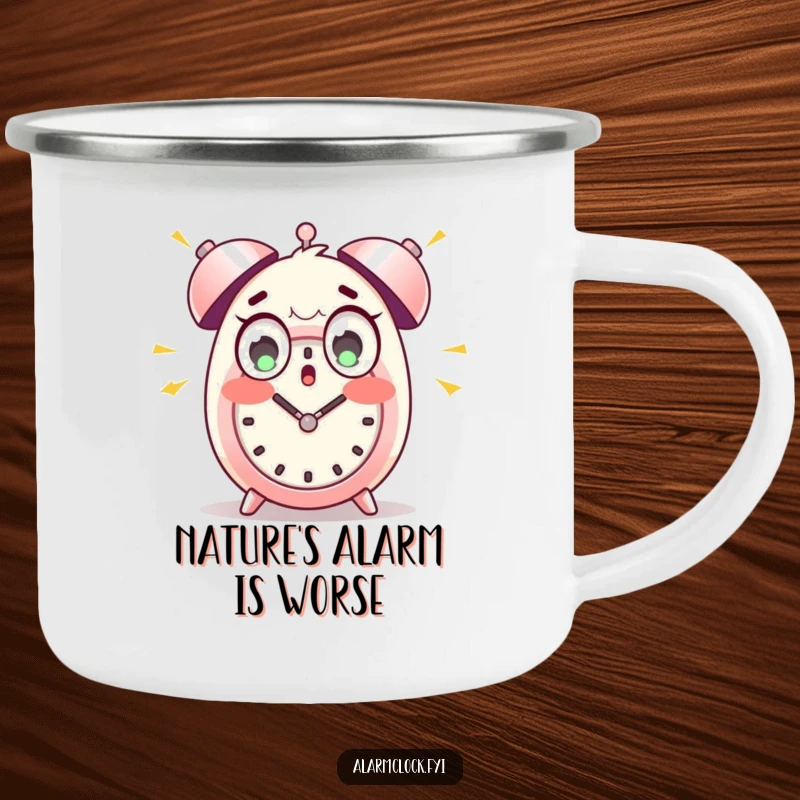 Funny camping mug featuring a wide-eyed character startled by loud alarm clock bells, designed for humorous outdoor mornings.