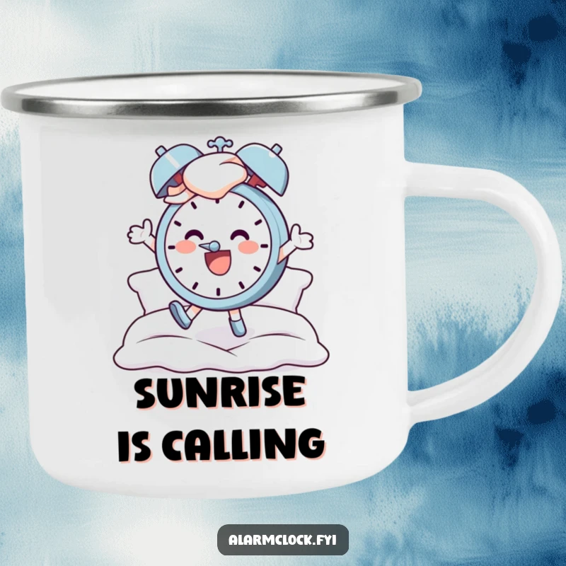 Funny enamel camping mug featuring a cheerful character leaping from bed to an alarm clock, perfect for adventurous, happy mornings.