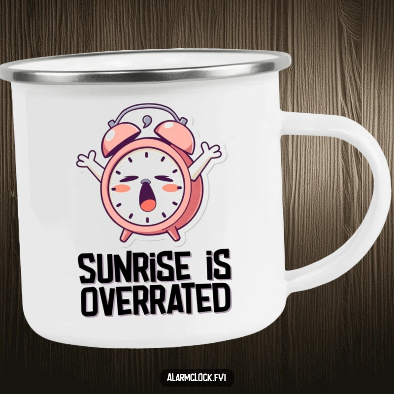 Funny Camping Mug: A yawning alarm clock character stretching, perfect for slow, relaxing camp mornings.