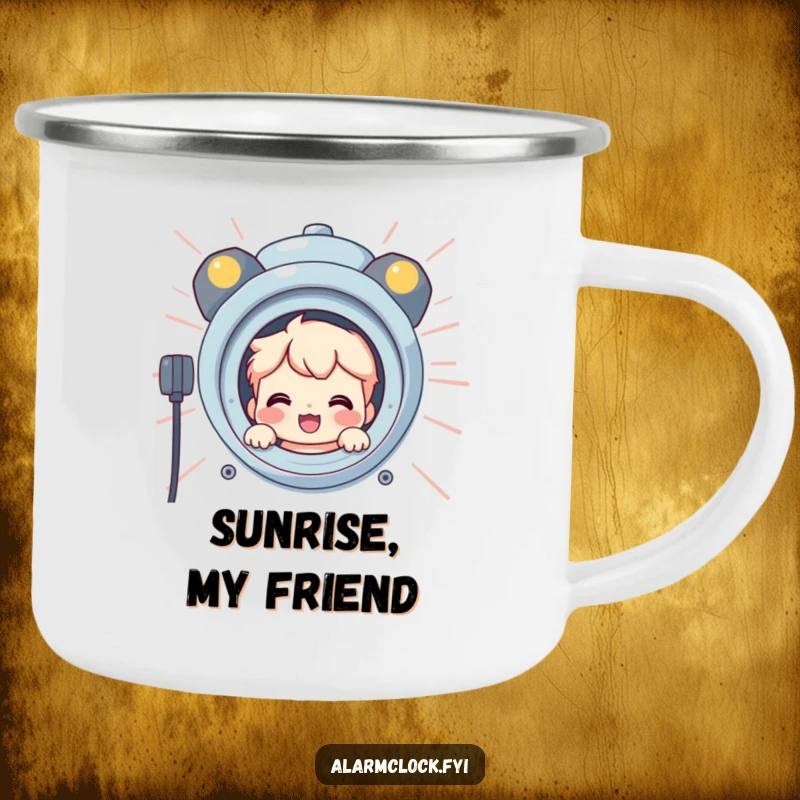 Funny camping mug with a smiling character peeking from behind a giant, blaring alarm clock, perfect for a playful start to the day.