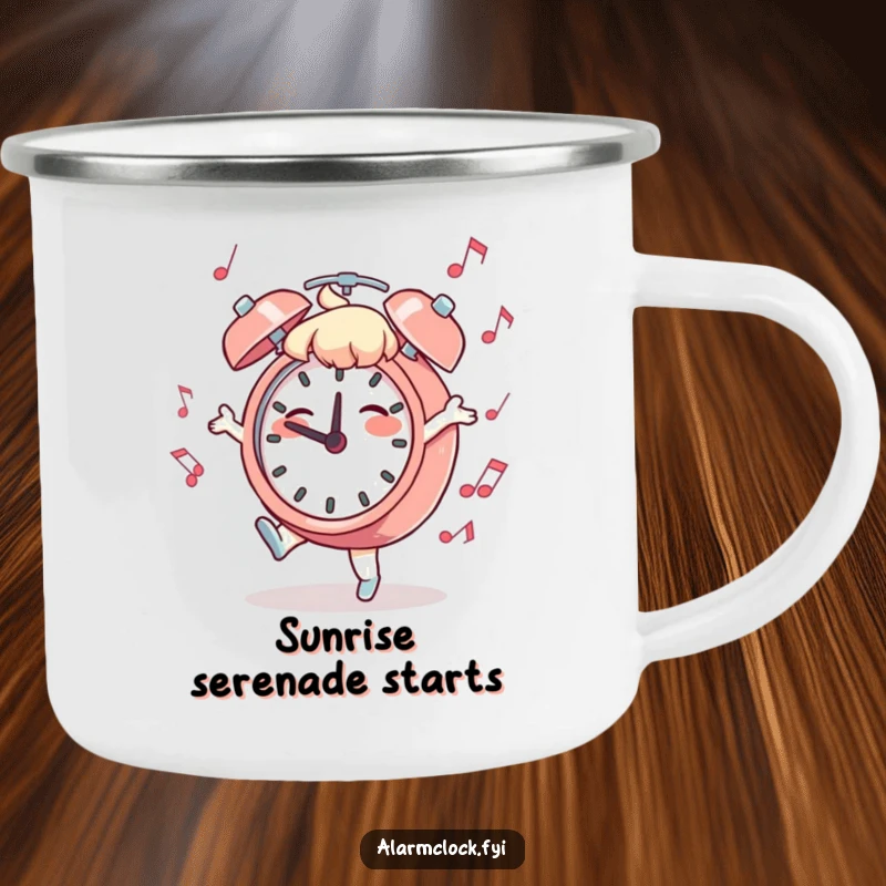 Funny Dancing Clock Camping Mug: A dancing character with a musical alarm clock, for enjoying the outdoors with cheerful humor.
