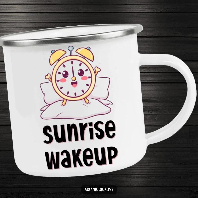 Funny alarm clock camping mug with a cheerful character jumping out of bed, ready for camp mornings.