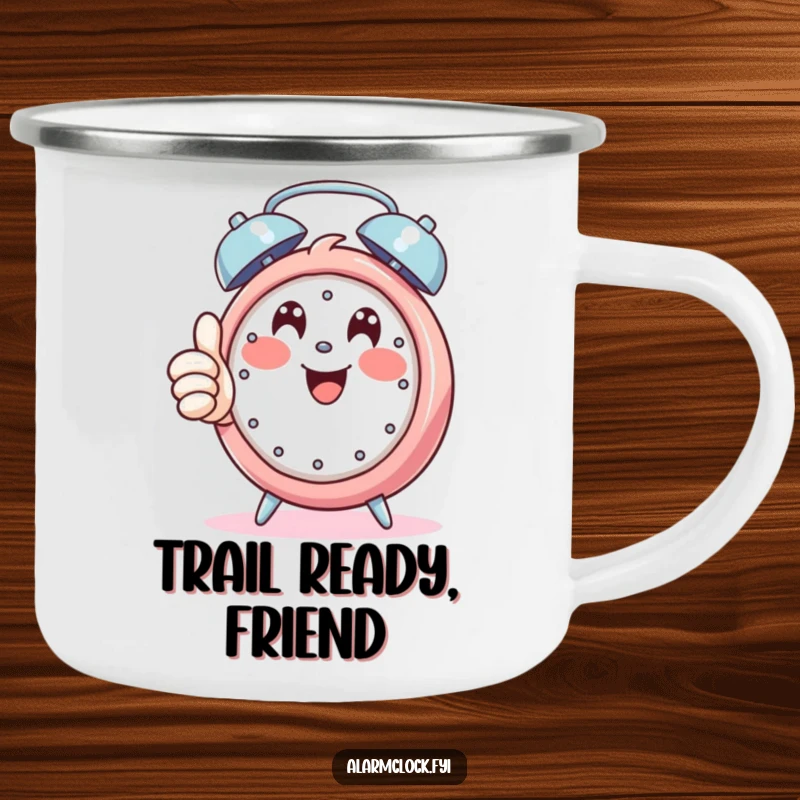Funny camping mug with a happy character giving a thumbs up while an alarm rings, perfect for a positive start to the day.