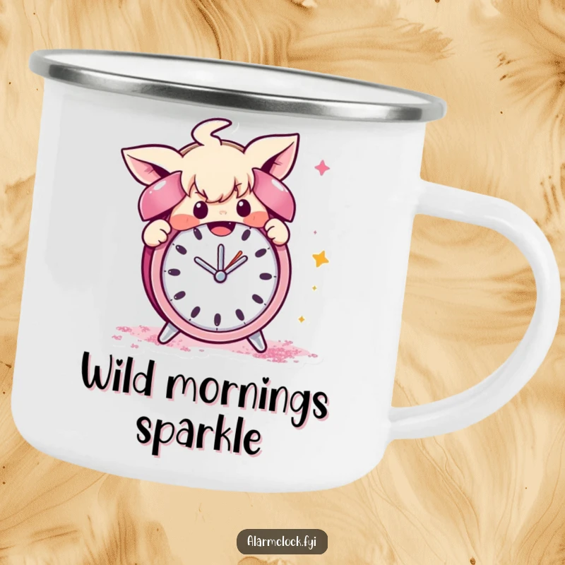 Funny enamel camping mug featuring a mischievous character covering an alarm clock with glitter, perfect for adventurous, playful mornings.