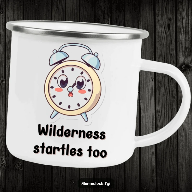 Funny camping mug with a surprised alarm clock character with wide eyes, startled by its own ring, ideal for humorous outdoor mornings.