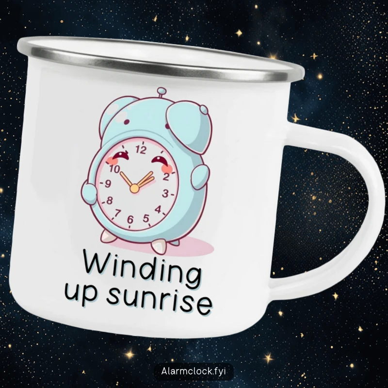 Funny Mischief Clock Camping Mug: A mischievous character winding a small alarm clock, for enjoying the outdoors with playful humor.