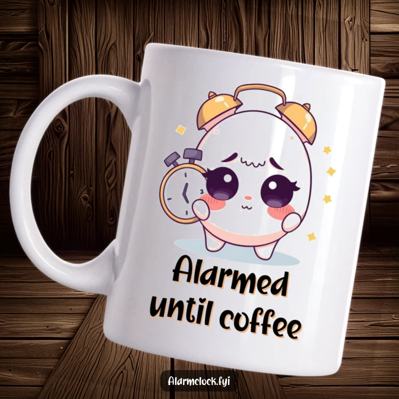 Funny Sleepy Character Mug: Cute character with wide eyes, startled awake by a loud alarm clock.