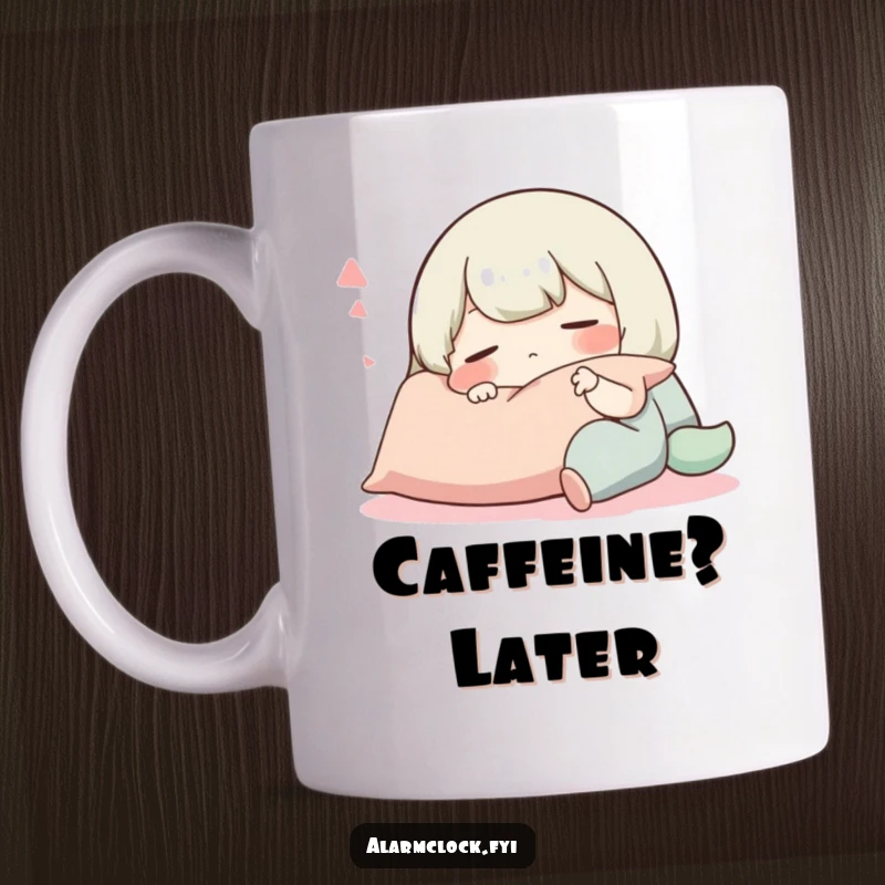 Funny mug showcasing a sleeping cartoon character blissfully snoozing on a fluffy pillow, conveying ultimate comfort and relaxation.