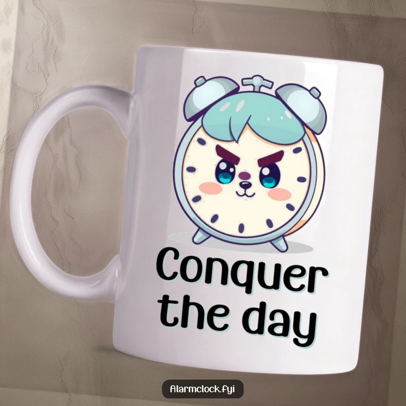 Funny mug showing a character with a determined expression and a confident smile, facing an alarm clock head-on, symbolizing morning resolve.