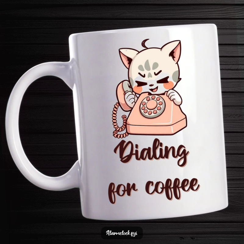 Funny mug showing a mischievous character with a sly grin, playfully dialing a tiny, vintage telephone, capturing a moment of lighthearted mischief.