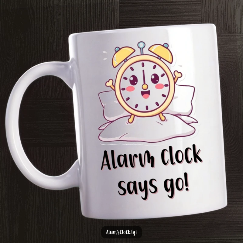 Funny alarm clock mug featuring a cheerful character jumping energetically out of bed.