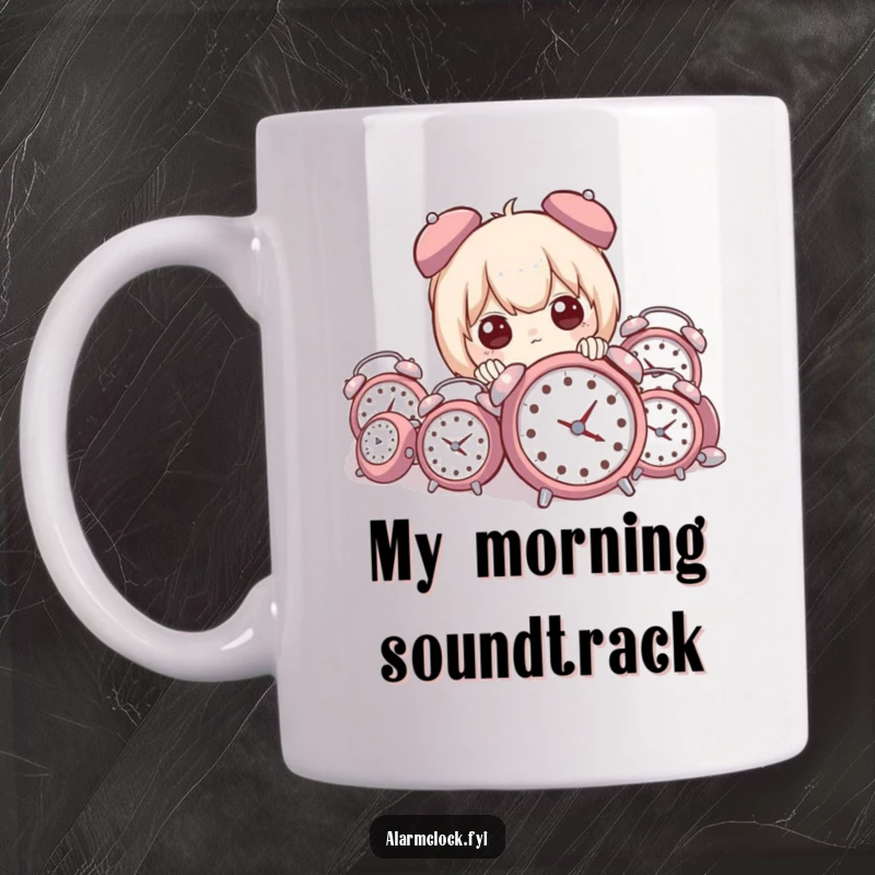 Funny mug showcasing a character peeking from behind a huge pile of tiny, buzzing alarm clocks, looking overwhelmed but amused.