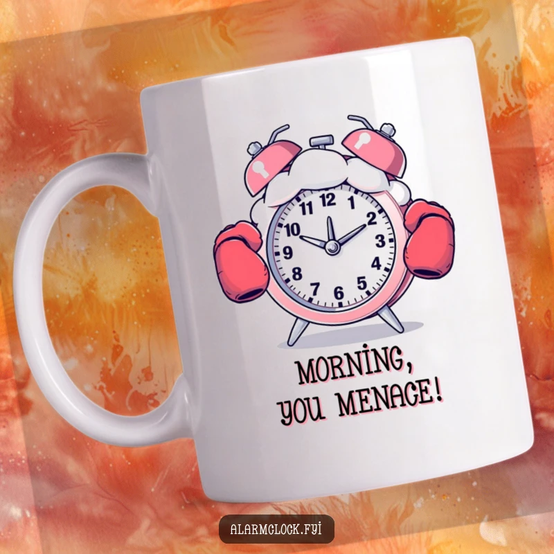 Funny mug showing a boxing alarm clock punching a fluffy cloud, symbolizing a tough but humorous start to the day.