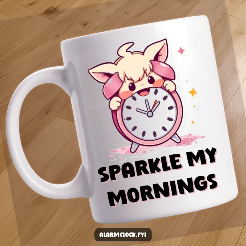 Funny mug showing a mischievous character gleefully covering an alarm clock with glitter, symbolizing playful disruption and morning chaos.