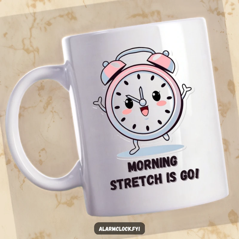 Funny mug featuring a cheerful alarm clock character with tiny legs, joyfully dancing to celebrate the start of a new day.