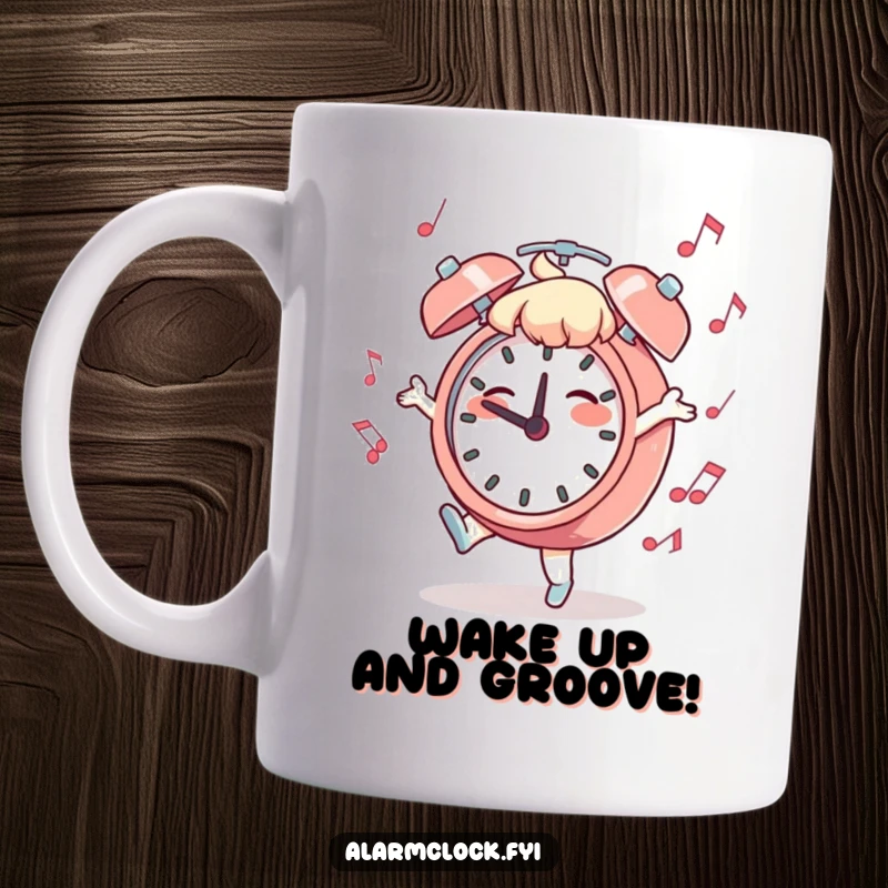 Funny Dancing Clock Mug: A character joyfully dancing with a musical alarm clock, celebrating morning energy and humor.