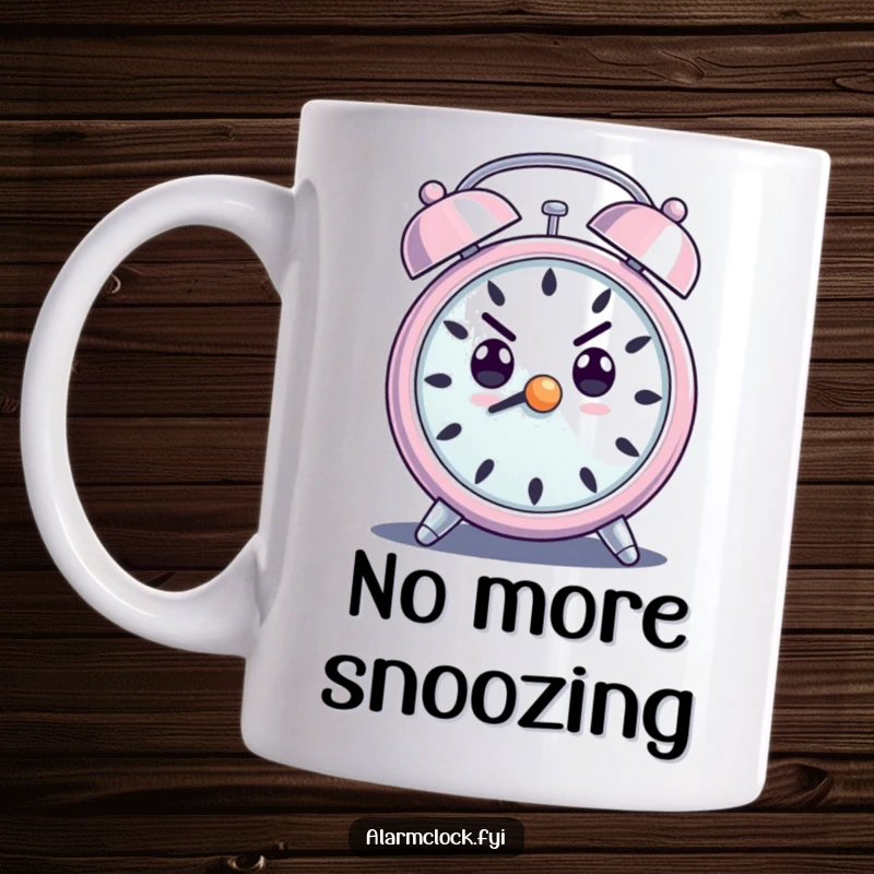 Funny mug depicting a determined alarm clock character with a loud ring, symbolizing motivation and wakefulness.