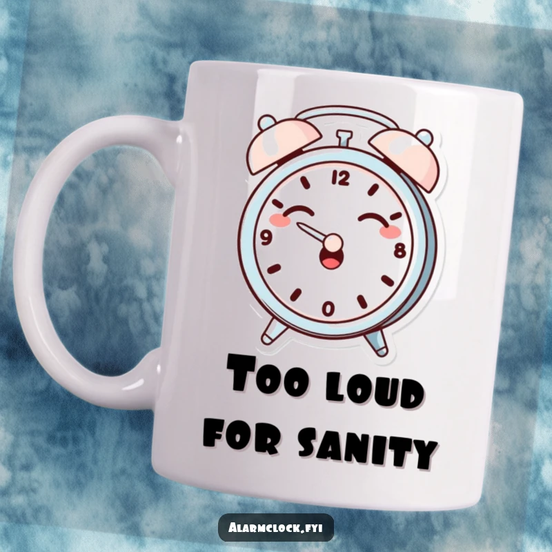 Funny mug with a giggling alarm clock character dramatically covering its ears, humorously reacting to its own loud ring.