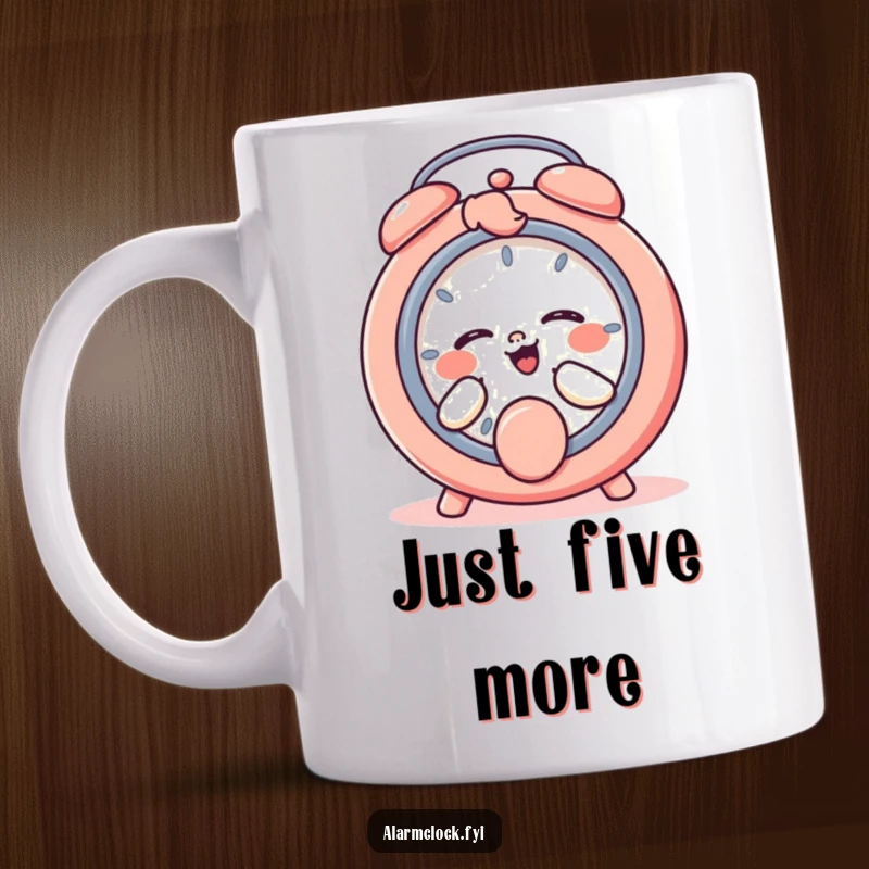 Funny mug showing a giggling character delightedly pressing a snooze button, embodying playful morning laziness and humor.