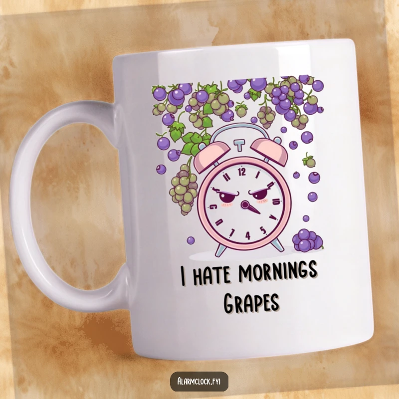 Funny mug showing a grumpy alarm clock being pelted by tiny grapes, representing frustration and a humorous take on bad days.