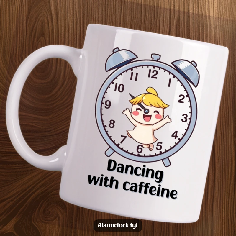 Funny mug featuring a joyful character happily dancing next to rapidly buzzing clock hands, capturing the essence of enjoying time.