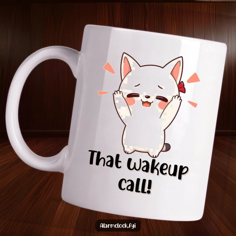Funny mug showing a blushing character covering its ears, reacting to a loud, unseen alarm sound, symbolizing morning dread.