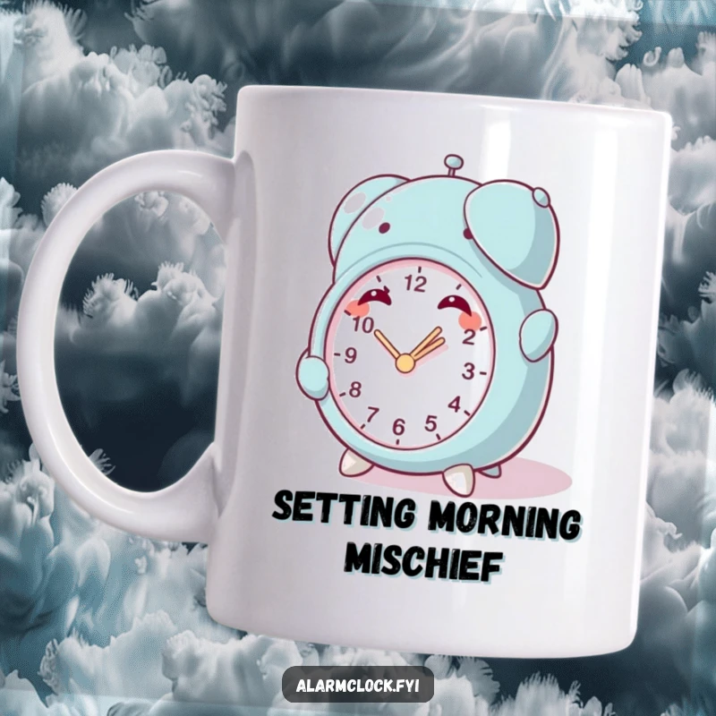 Funny Mischief Clock Mug: A character with a mischievous grin winding a tiny alarm clock, hinting at playful chaos.