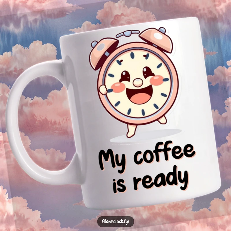Funny mug with a cheerful character heroically grabbing a loud, ringing alarm clock with intense determination to start the day.