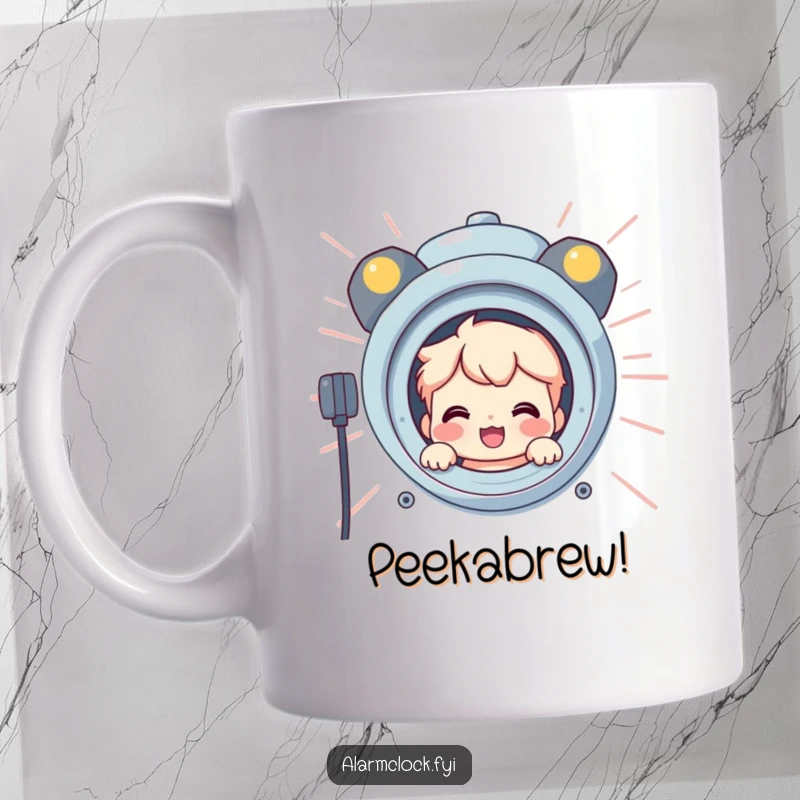 Funny mug showcasing a smiling character playfully peeking from behind a massive, blaring alarm clock, embodying morning mischief.