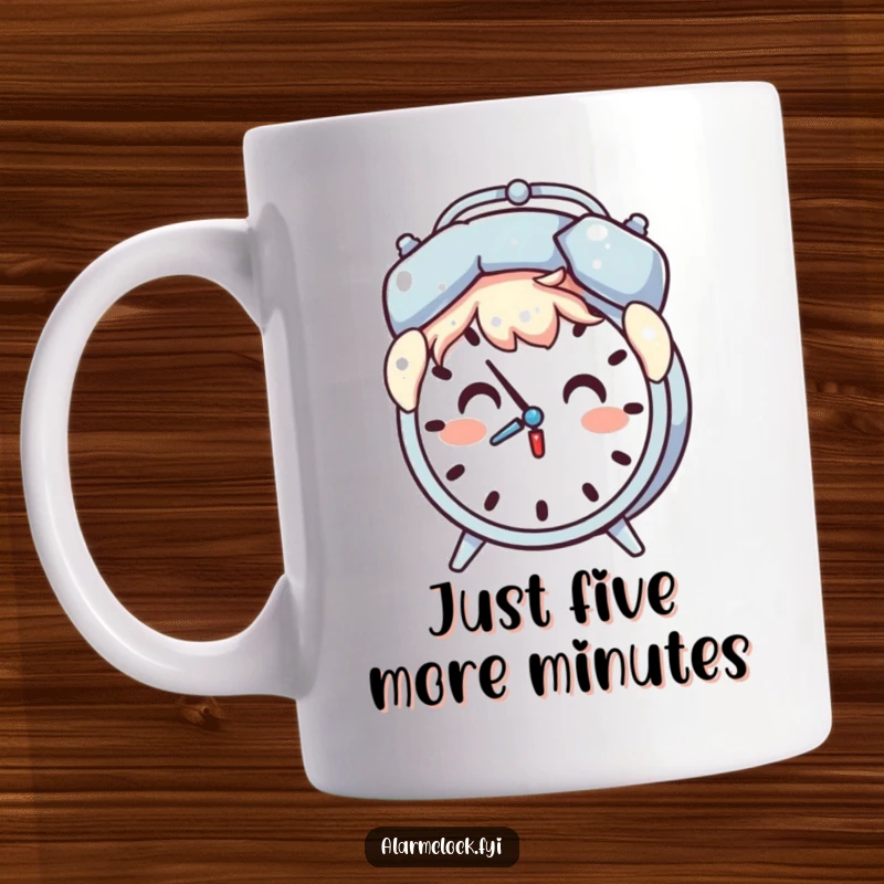 Funny mug showing a surprised character holding a pillow over their head as an alarm clock chimes.